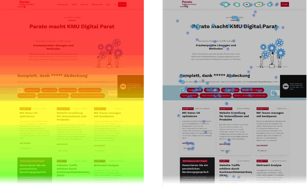 Scrollmap (left) shows how many users scroll how far down a page. On the right-hand side, the heatmap shows where users have clicked. The visualization of the aggregated data helps to interpret the causes that led to user behaviour.